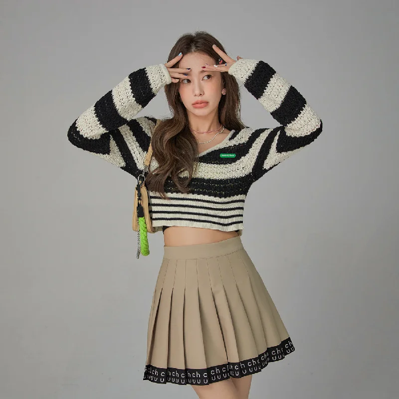 Striped V-Neck Knit Crop Sweater