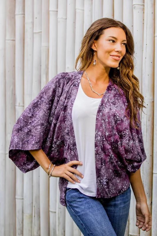 Versatile Comfort Wear Lavish Garden in Boysenberry Purple Batik Short Rayon Kimono Jacket