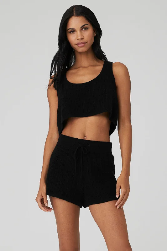 Cashmere Plush Waffle Cropped Tank - Black