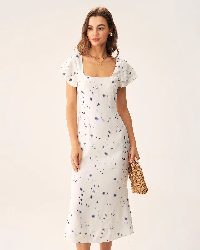 Luxury And Elegant Beige Floral Square Neck Midi Dress