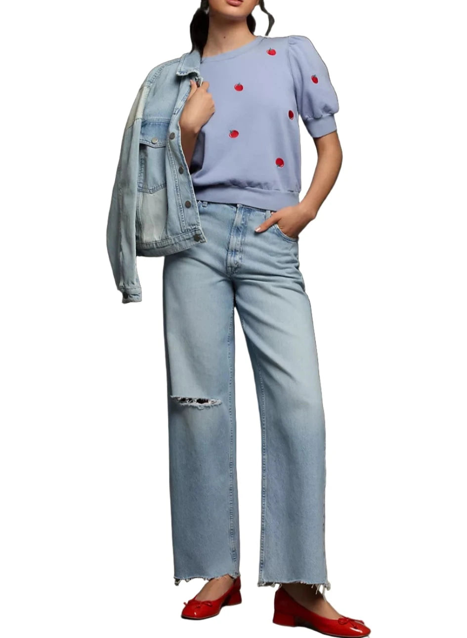 High Street Style TLA Puff Sleeves Tee Shirt French Terry Blue with Cherries