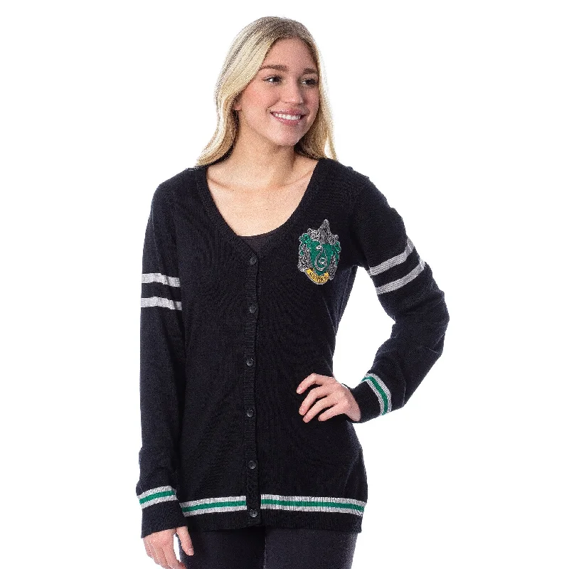 Harry Potter Womens' Slytherin House Crest Open Front Cardigan Juniors Knit Sweater