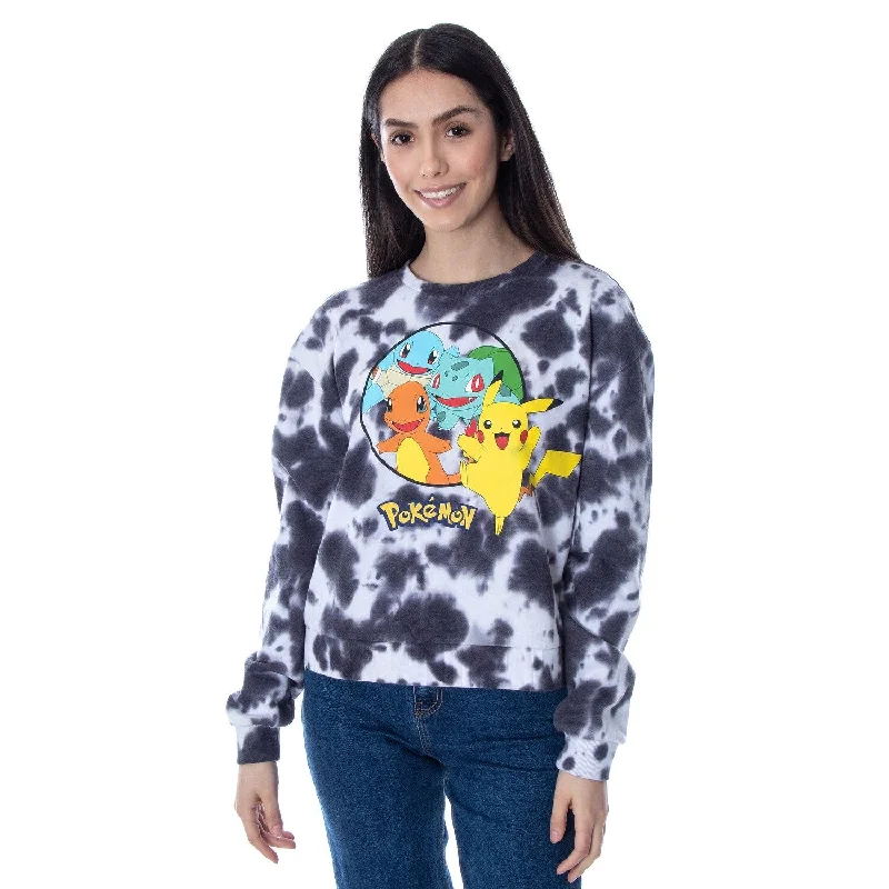 Pokémon Women's Pikachu Bulbasaur Charmander Squirtle Cropped Tie-Dye Shirt Long Sleeve Pullover Top