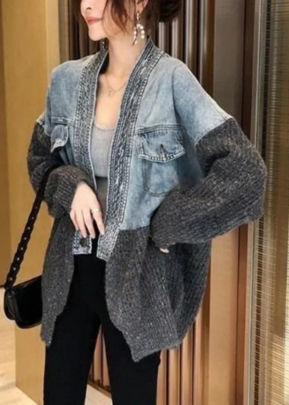 Embroidery Design 2023 Autumn Winter New Loose Fit Denim Spliced Knitted Cardigan Coat