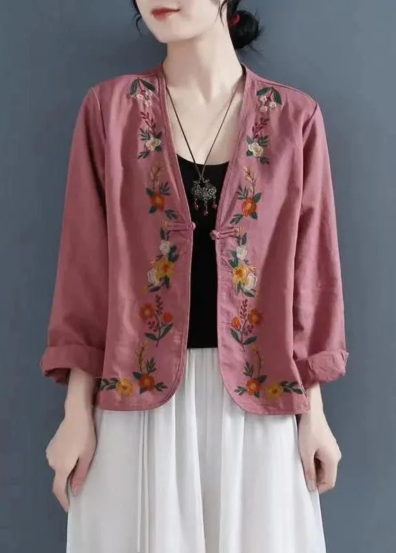 Beautiful Carmine Embroidered Button Patchwork Linen Coats Summer