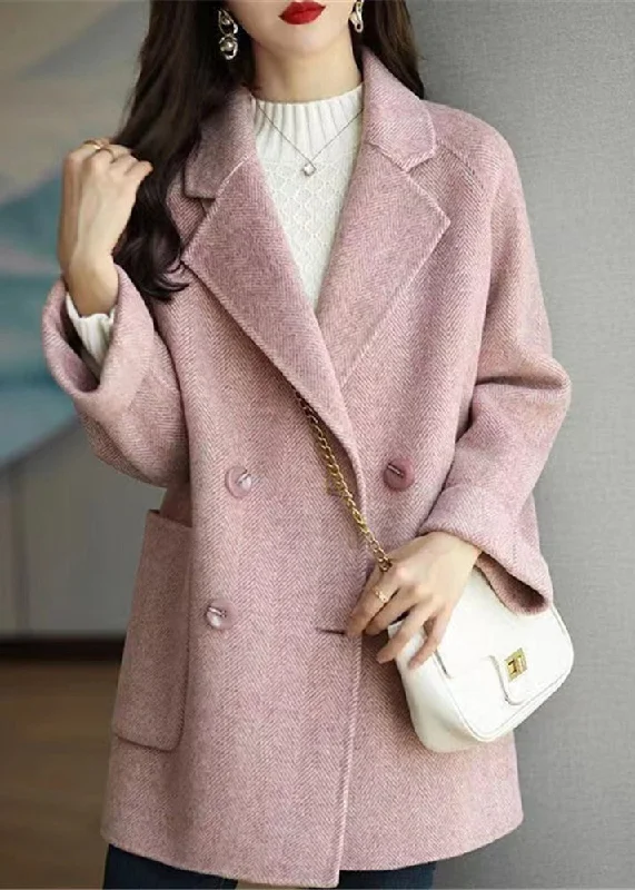 Exquisite Design Beautiful Pink Double Breast Pockets Patchwork Woolen Coats Winter