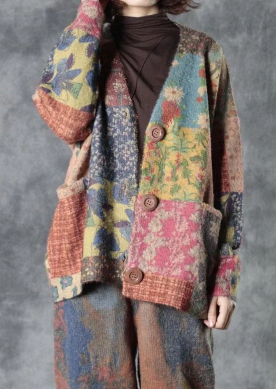 Casual Fall Colorful Flower Print Sweater Coat