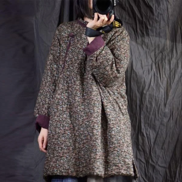 Elegant Series Cotton Linen Retro Print Plate Buckle Thick Warm Parkas 2020 Winter All-match Women Coat