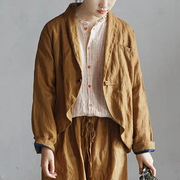 Retro Prints Cotton Linen Retro Turn-down Collar Single Button Long Sleeve Coats