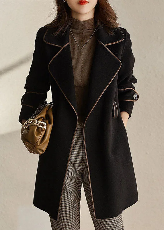 High Street Series Fashion Black Notched Patchwork Pockets Tie Waist Woolen Coats Fall