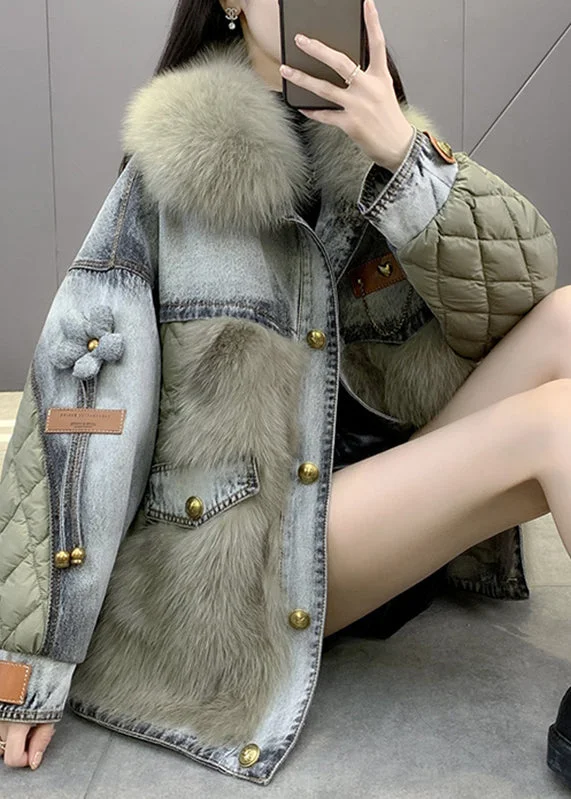 High-end Customization Green Denim Patchwork Button Faux Fur Coats Winter