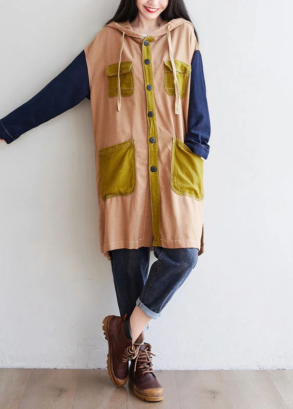Editorial Design Khaki Patchwork Linen Coat Oversized Drawstring Spring