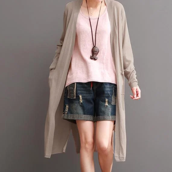 Minimal Classic Khaki summer linen maxi coats cotton long sleeve coats