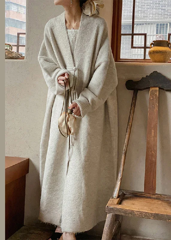 Street Fashion Loose Apricot V Neck Button Patchwork Knit Long Coat Fall