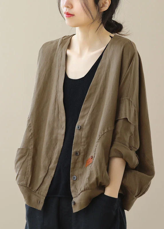 Retro Coffee V Neck Pockets Button Patchwork Linen Cardigan Coat Fall