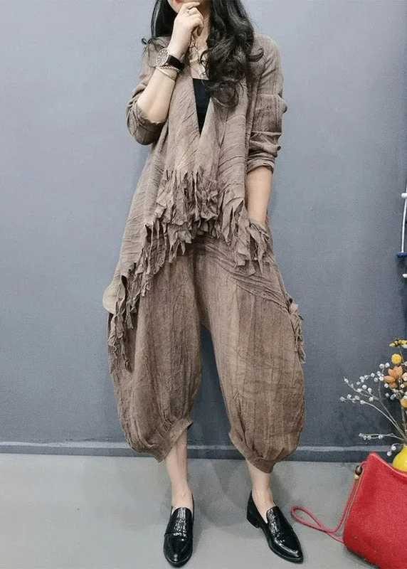 Comfortable Mind Retro Coffee V Neck Tasseled Wrinkled Linen Coats And Lantern Pants Two Pieces Set Spring
