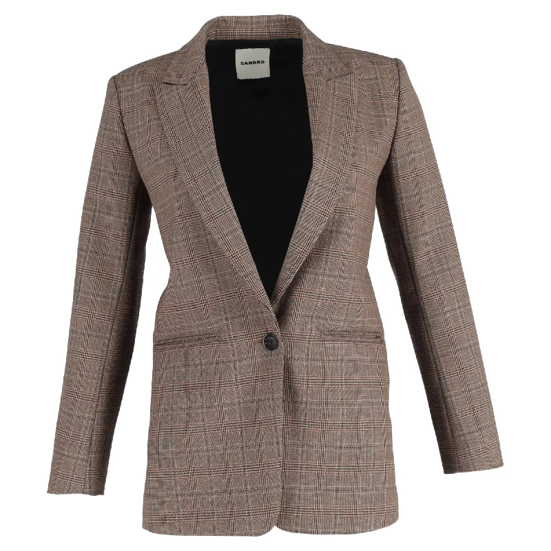 Sandro Jada Plaid-Check Single-Breasted Blazer In Brown Polyester