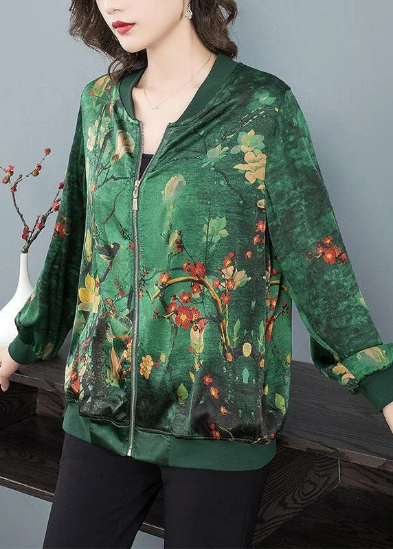 Sports Trend Green O-Neck Print Zip Up Silk Coats Long Sleeve