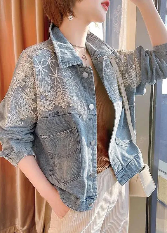 Fashionable In The Times Vogue Blue Peter Pan Collar Tulle Patchwork Sequins Button Denim Coats