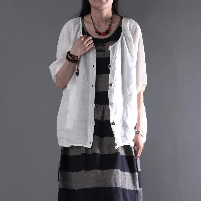 Fashion Concept White plus size linen coat women short blouse top shirt print at back