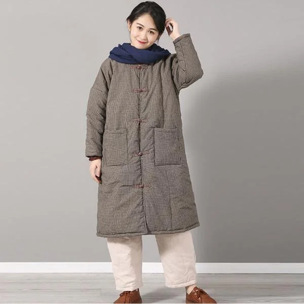 Winter Vintage Plaid Double Breasted Cotton Linen Thick Coats