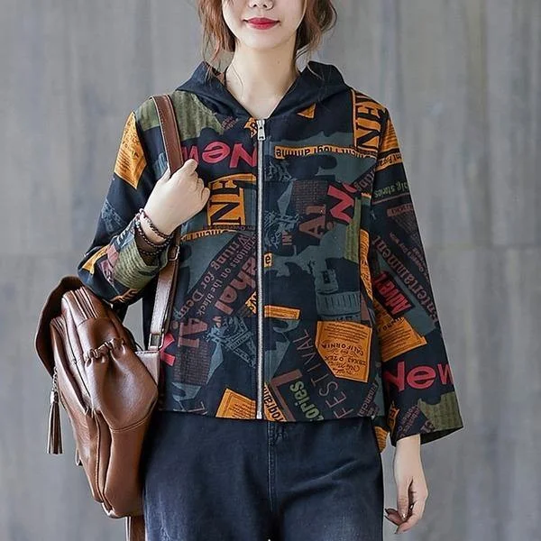 Tropical Style Women Cotton Linen Casual Hooded Jackets Streetwear Vintage Print Loose Ladies Outerwear Coats