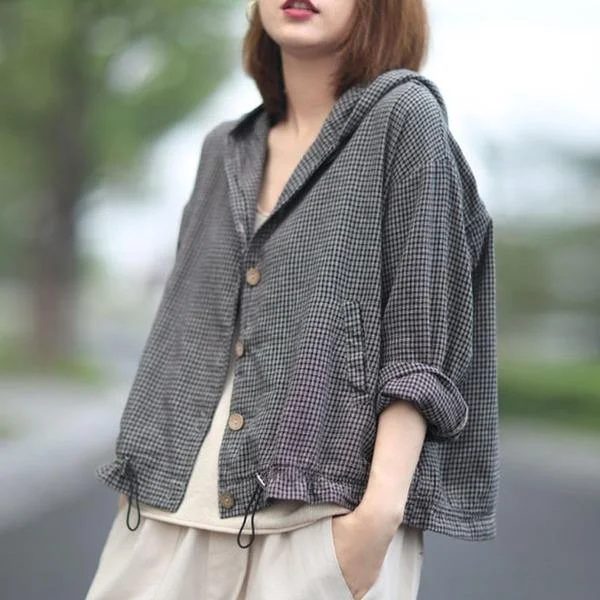 Noble And Elegant Women Retro Plaid Hooded Drawstring Single Breasted Coats