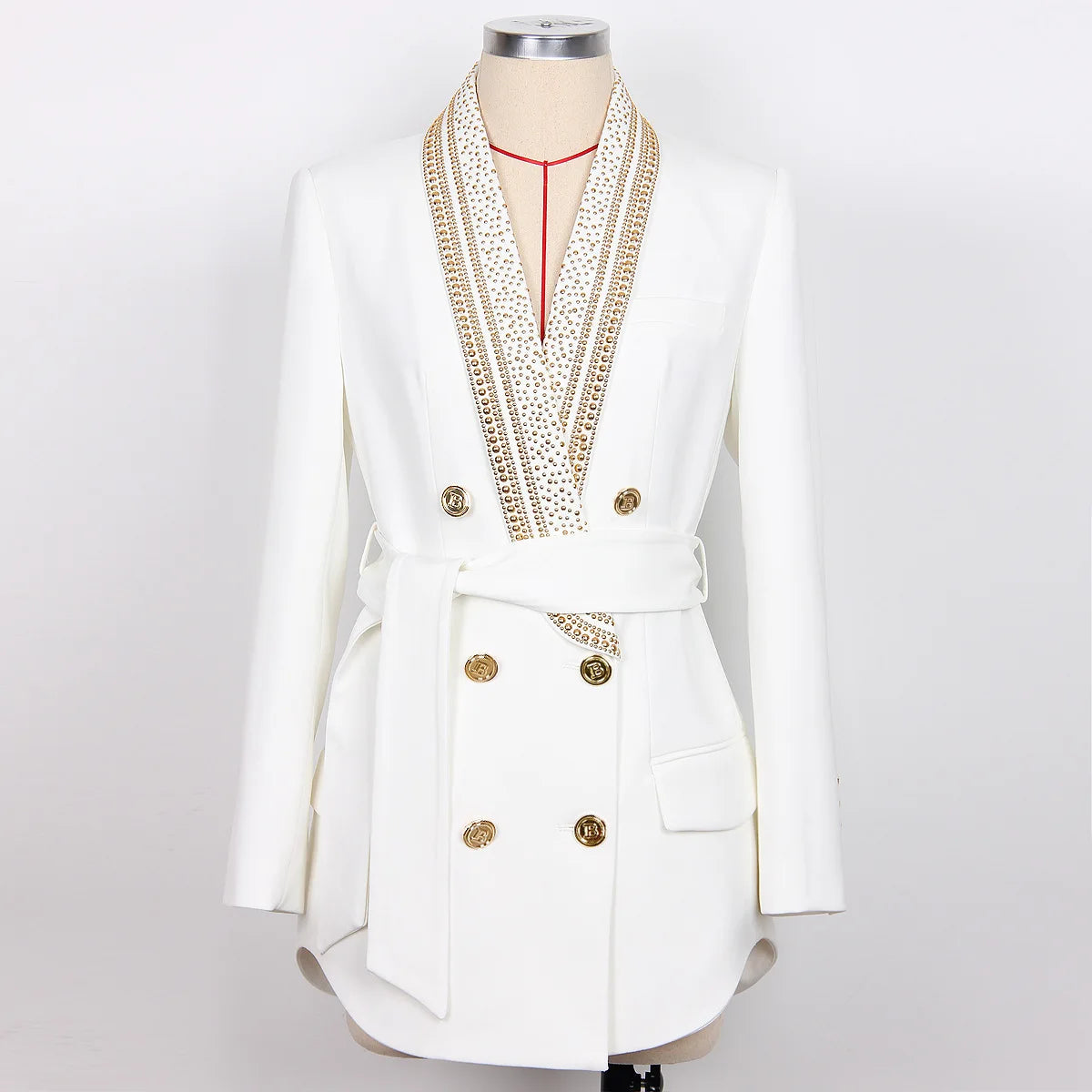 Classic Style Women's Fashion Cotton Turn-down Metal Beaded Collar Blazer with Belt
