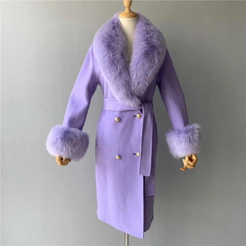 Women's Lavender Winter Cashmere Wool Natural Fox Fur Collar Long Jacket