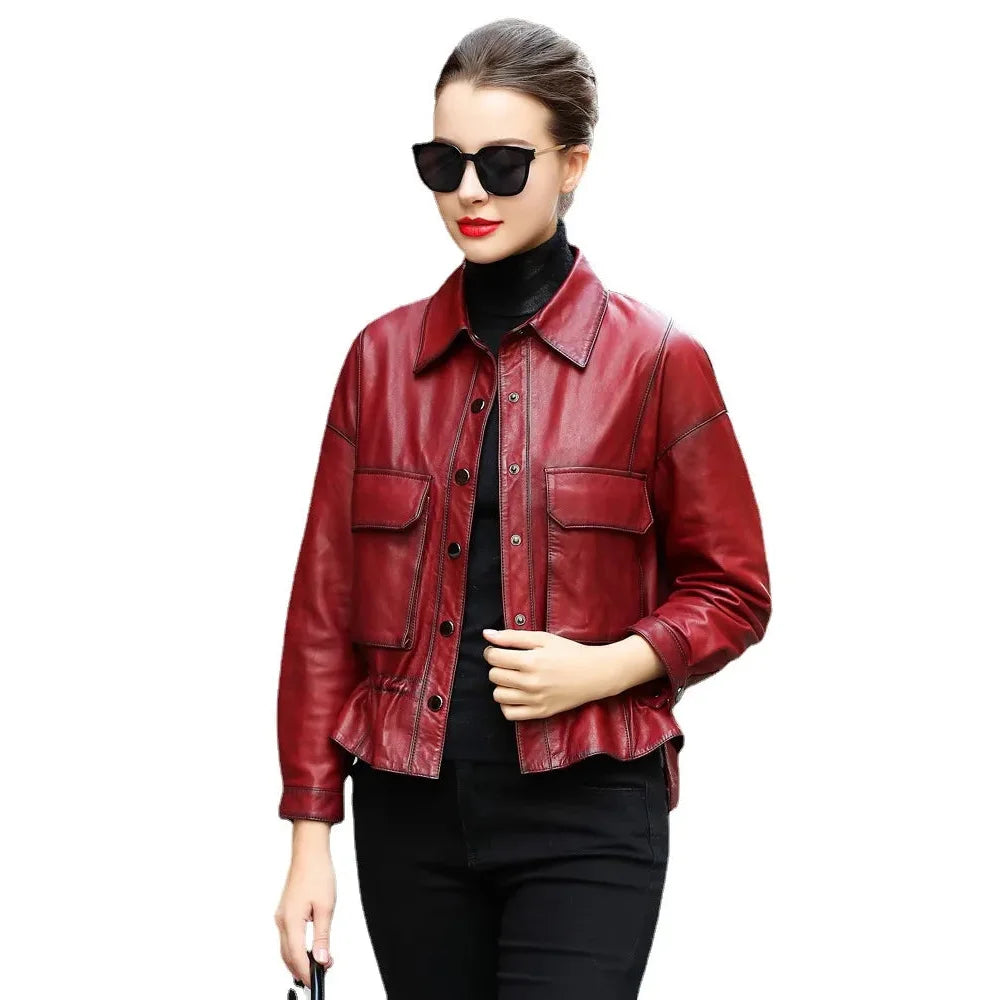 Women's Spring Fashion Sheepskin Leather Streetwear Short Jackets