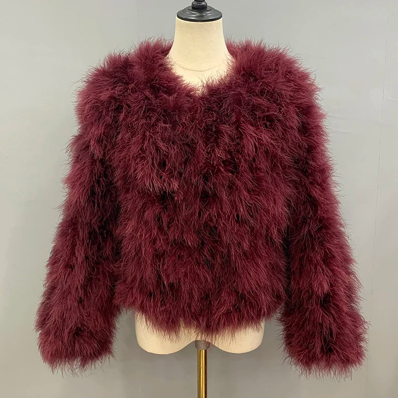 Fashionable And Fashionable Women's Wine Red Furry Long Sleeve Casual Short Winter Jacket