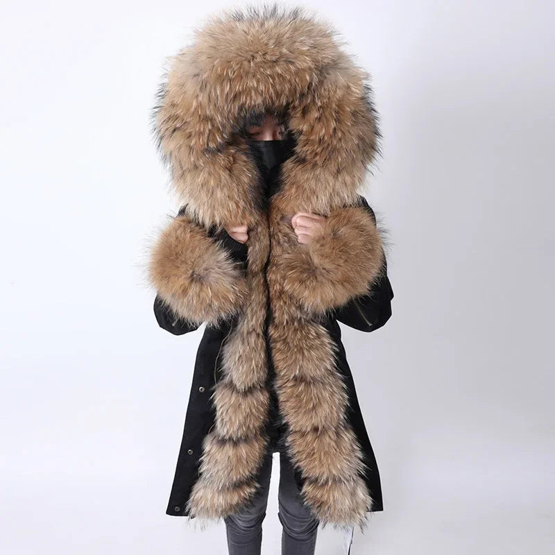 Women's Winter Warm Polyester Real Fox Fur Hooded Collar Jacket