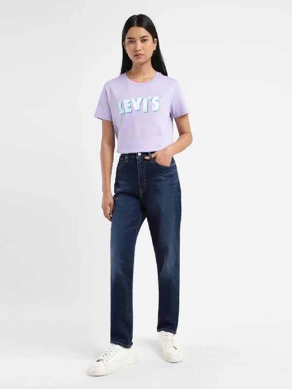 Embroidered Letters Women's High Rise Mom Loose Tapered Fit Jeans