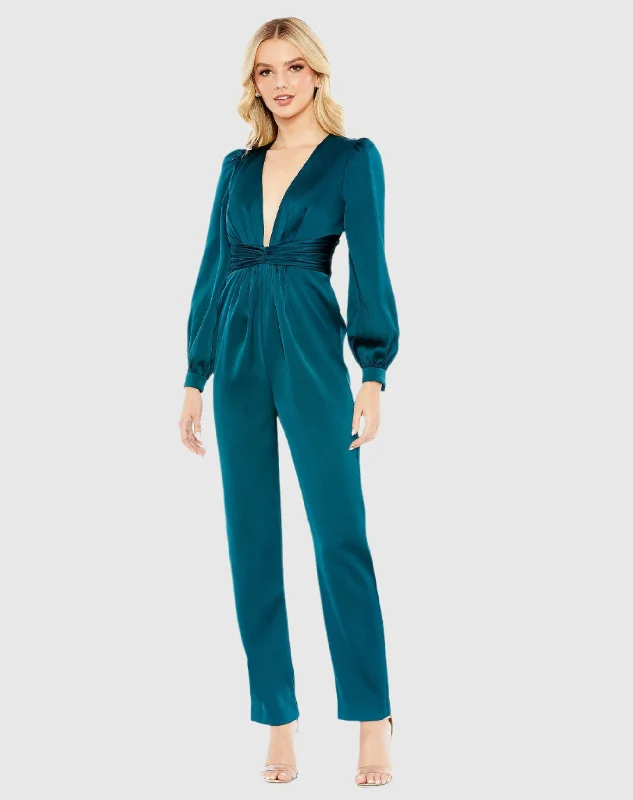 Romantic Data Front Twist Puff Sleeve Deep V Jumpsuit