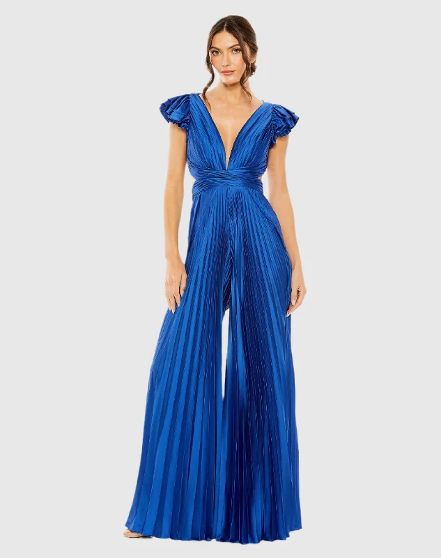 Blue Ruffle Cap Sleeve Cutout Heat Pleated Jumpsuit