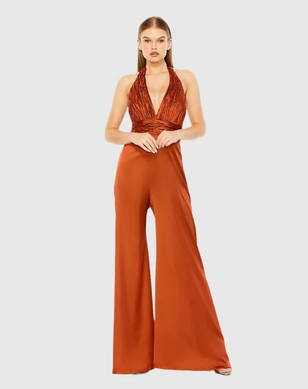 Orange Ruched Halter Top Wide Leg Satin Jumpsuit