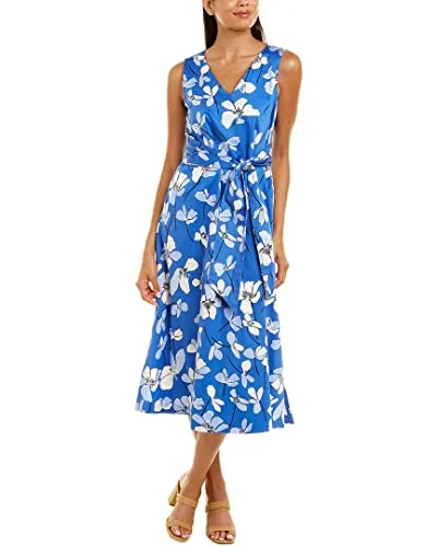 European And American Style Anne Klein Floral-Print V-Neck Midi Dress