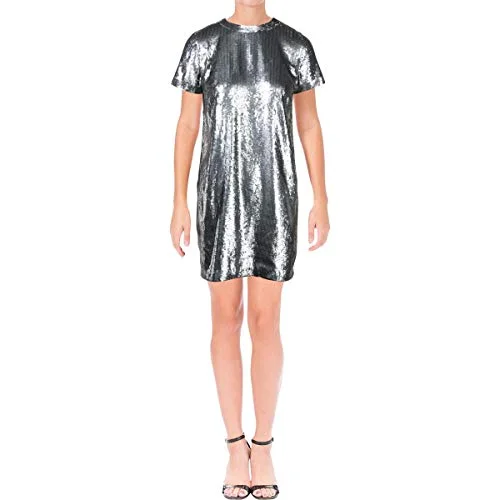 RALPH LAUREN Womens Silver Sequined Short Sleeve Shift Evening Dress