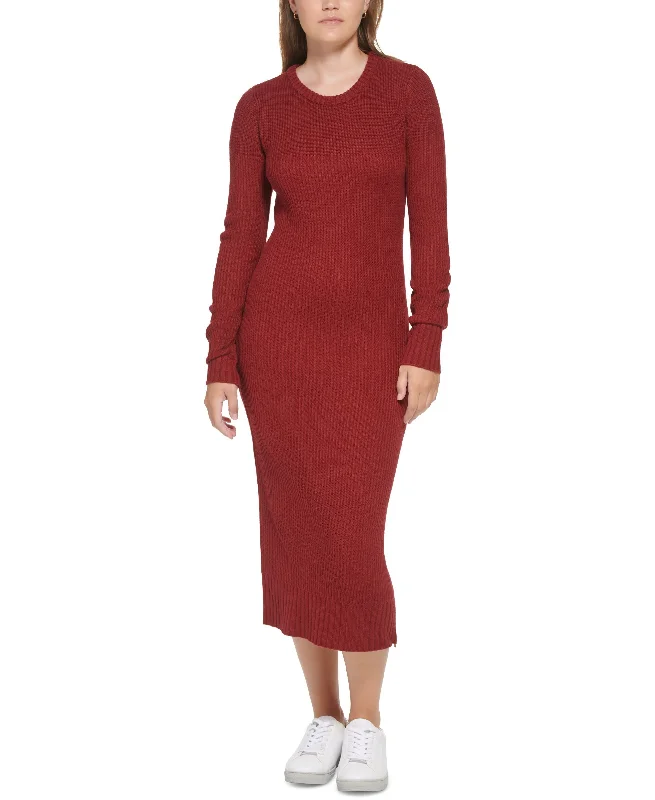 Women's Ribbed Long Sleeve Crewneck Side Slit Dress