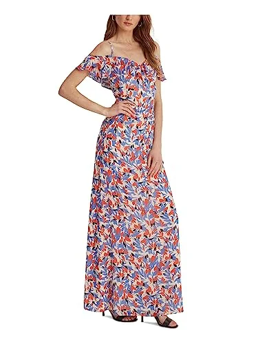 Zippered Sheer Lined Pleated Ruffled Printed Short Sleeve V Neck Full-Length Gown Dress