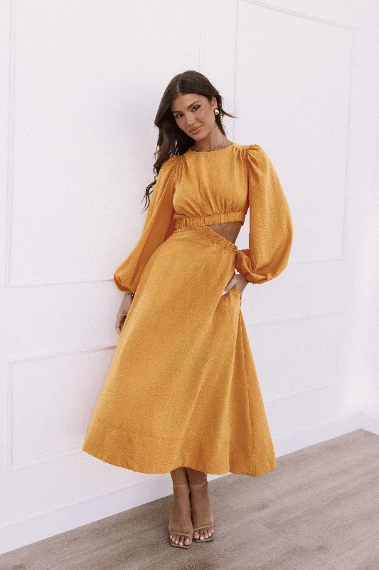 Ginnee Puff Sleeve Cutout Midi Dress - Mustard