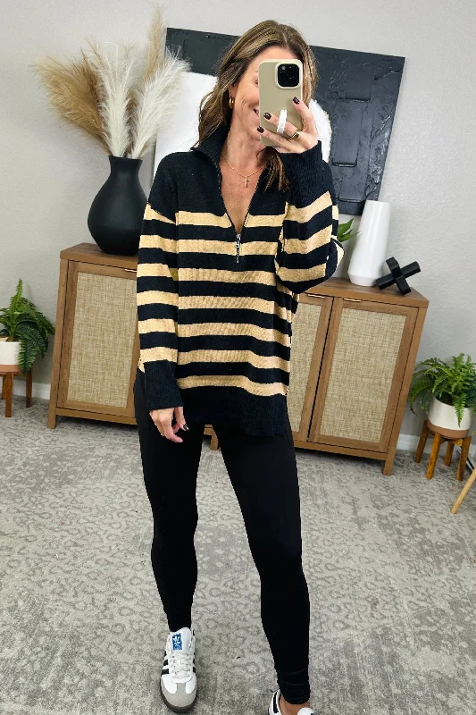 Striped Half Zip Long Sleeve Knit Top WH