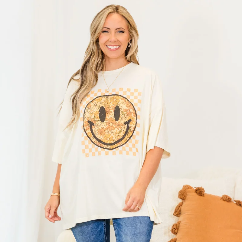 High-end Sense Fall Flowers Boyfriend Tee, Ivory