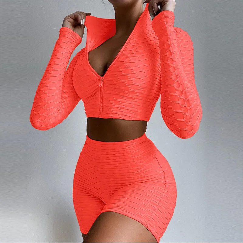 Sets Zipper Stand Collar Long Sleeve Crop Tops Shorts Women Tracksuit